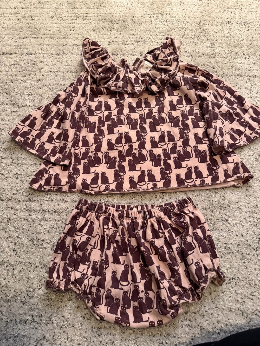 kate quinn Pink and Brown Cat Print Top and Bloomer Set Euc 3t